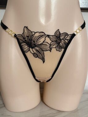 Sheer Floral Embroidered Thong Panty - Nude/Black